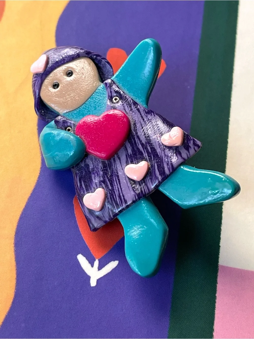 Adorable vintage/style polymer clay girl child brooch w/ hearts